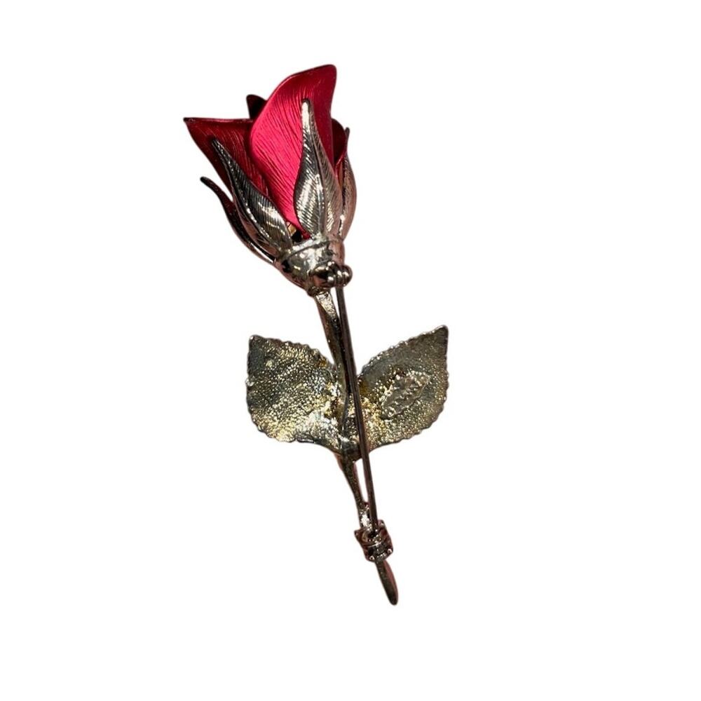 Vintage Red Rose Pin – 3" Silver Stem – Romantic Floral Brooch Whimsigoth – EUC